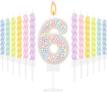 MTLEE Number 6 Birthday Candle with 12 Pcs Spiral Candles for Girls Macaron Pastel Rainbow Unicorn Pink Cake Topper for Sweet Theme Party Decoration