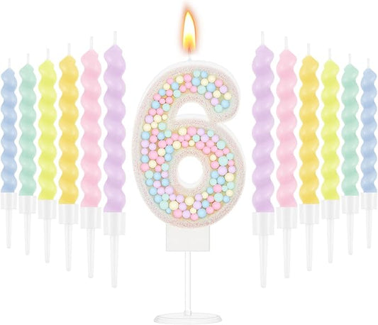 MTLEE Number 6 Birthday Candle with 12 Pcs Spiral Candles for Girls Macaron Pastel Rainbow Unicorn Pink Cake Topper for Sweet Theme Party Decoration