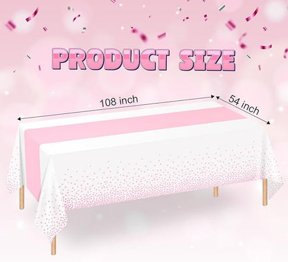 WNINK 2 Pack White and Light Pink Tablecloths, Light Pink Disposable Plastic Waterproof Table Cover, 54" x 108", for Birthday, Baby Shower，Wedding, Bridal Shower, Picnic Camping Parties