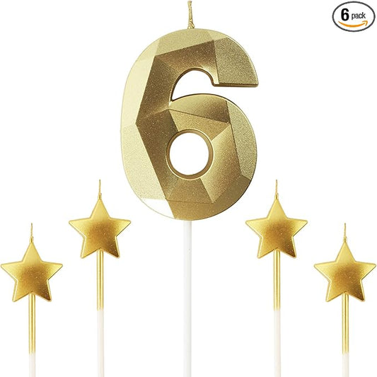 Golden Number 6 Birthday Candles and Star Birthday Candles 2.76 inch Birthday Cake Candles 3D Diamond Shaped Candles are Suitable for Birthday Parties and Anniversary Cake Decorations Candles(Gold 6)