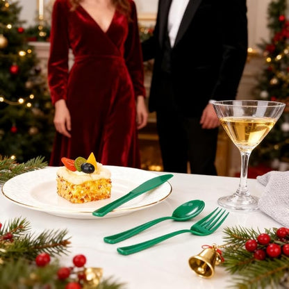 WDF 160 Pcs Green Plastic Silverware - Heavy Duty Christmas Silverware Includes 80Forks, 40Spoons, 40Knives, Green Plastic Utensils Perfect for Christmas Party or Daily Using