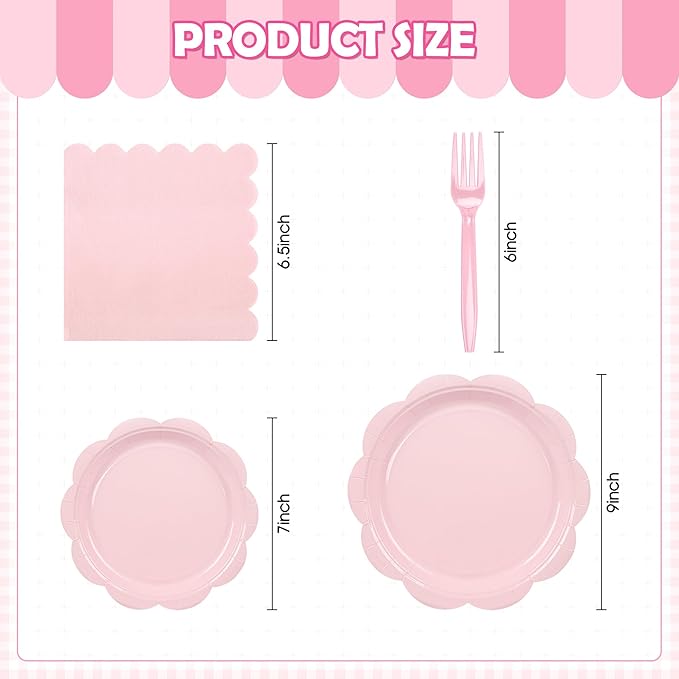 96 Pcs Pink Paper Plates and Napkins Set Party Supplies, Tableware set for 24 Guest include Disposable Pink Scalloped Plates, Napkins and Forks for Baby Shower Bridal Shower Wedding