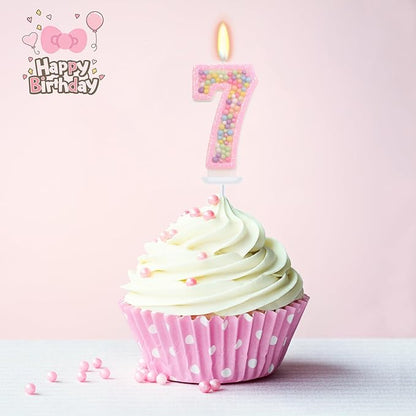 Pink Birthday Candles - Number 7 Candle, Colorful Macaron Candles for Preppy Smiley Face Party Decorations, Sweet Theme Birthday Party Supplies