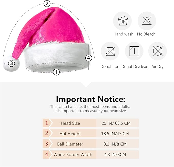 Queenmore Adult's Christmas Santa Claus Hat, Plush Santa Cap, Velvet Headwear, Lined and Fabric-Shedding Resistant