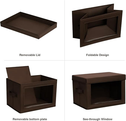Foldable Storage Boxes with Clear Window - Clothes Organizers and Decorative Bins with Lid, Fabric Storage Cube, Baskets for Shelves, Yarn, Home, Brown, 3 Pack
