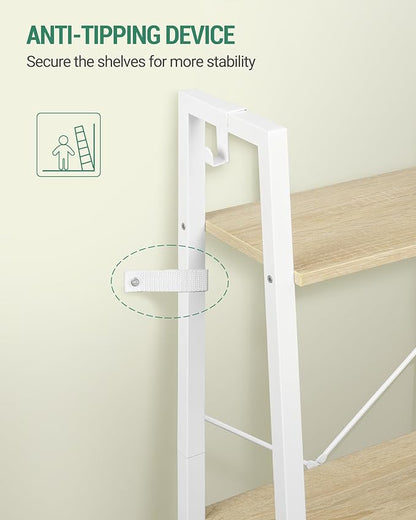 Ladder Shelf, Bookshelf Bookcase, Freestanding Corner Storage Shelve with 2 Hooks for Home Office, Living Room, Kitchen, Bedroom, Industrial, 11.8" D x 13.4" W x 72.8" H, White Oak and White