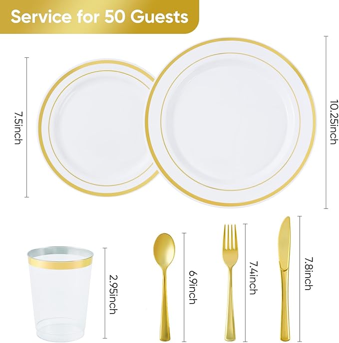 175 Pcs Gold Disposable Plates for 25 Guests, Disposable Plastic Plates, Dinnerware Set Include 25 Dinner Plates, 25 Salad Plates,25 Cups, 25 Paper Napkins for Party, Wedding, Thanksgiving