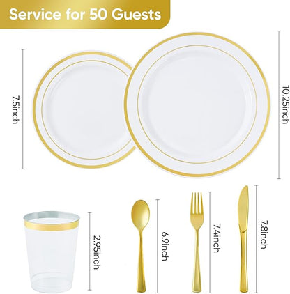 175 Pcs Gold Disposable Plates for 25 Guests, Disposable Plastic Plates, Dinnerware Set Include 25 Dinner Plates, 25 Salad Plates,25 Cups, 25 Paper Napkins for Party, Wedding, Thanksgiving