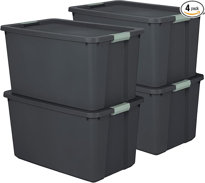 Sterilite 4 Pack 34 Gallon Latch Tote, Stackable Plastic Storage Bin Container, Gray/Green