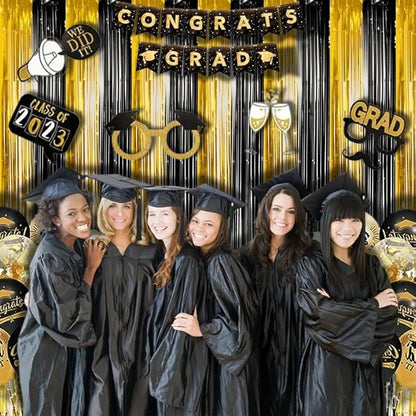 BRAVESHINE 3.2 x 8.2ft Black Gold Foil Fringe Curtains - 2 Pack Metallic Photo Booths Party Streamers Backdrop for New Years/Boy/Men/Birthdays/Engagement/Homecoming/Farewell/Prom/Christmas Decorations