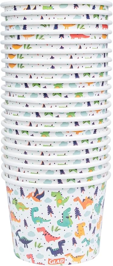Glad for Kids Dinosaurs Paper Snack Bowls, Lids Not Included - Colorful Heavy Duty, Microwavable, Disposable Snack Cups with Lid for Soup or Ice Cream, 12 Ounce, 20 Count - 3 Pack