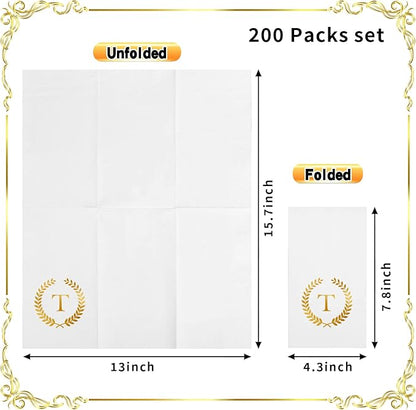 200 Pack Monogrammed Disposable Napkins Gold Foil Letter T Guest Napkins Initial Disposable Hand Paper Towels for Wedding Engagement Baby Shower Party Home Kitchen Bathroom Dinner Decorative Towels