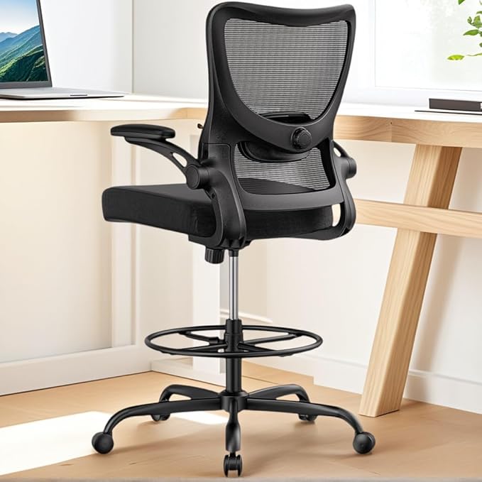 Marsail Drafting Chair, Tall Office Chair with 2D Lumbar Support, Standing Desk Chair,High Office Chair with Padded Flip-Up Armrests & Adjustable Footrest Ring, Ebony