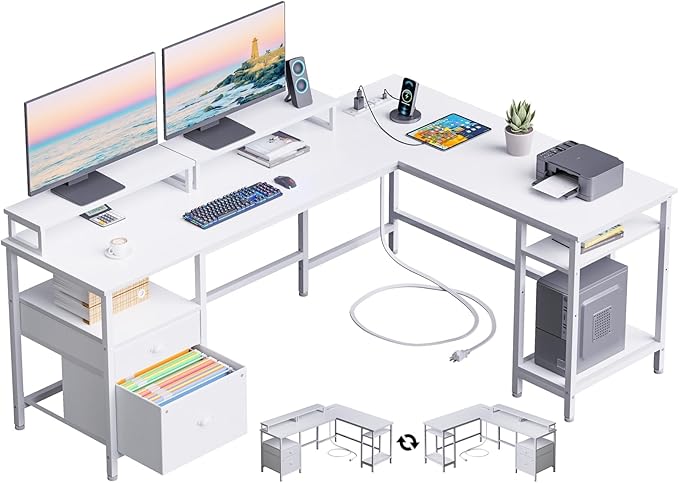 Furologee 66” L Shaped Desk with Power Outlet, Reversible Computer Gaming Desk with File Drawer & 2 Monitor Stands for Home Office with Storage Shelves, White
