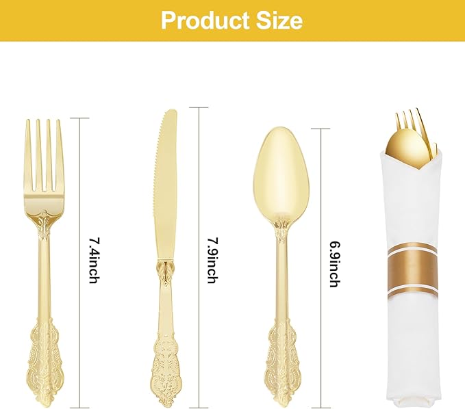 50 Pack Gold Plastic Silverware with Pre Rolled Napkins for 50 Guests, Heavyweight Gold Disposable Utensils Sets Includes 150 Plastic Cutlery, and 50 Napkins for Party & Wedding