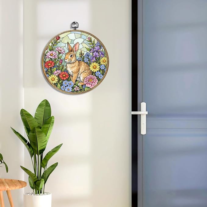 Cute Flower Rabbit Bunny Lovers Gift Garden Decor Framed Round Wall Decor Canvas Wall Art Hanging Prints Artwork for Home Porch Bedroom Housewarming Birthday Christmas Party 10.2X10.2 Inch