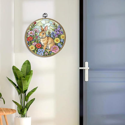 Cute Flower Rabbit Bunny Lovers Gift Garden Decor Framed Round Wall Decor Canvas Wall Art Hanging Prints Artwork for Home Porch Bedroom Housewarming Birthday Christmas Party 10.2X10.2 Inch