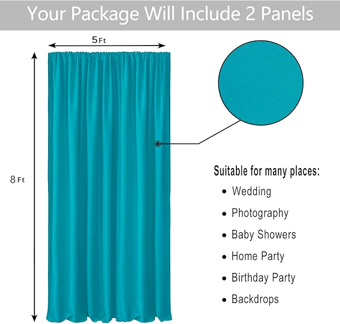 Hiasan Turquoise Backdrop Curtains for Parties, Polyester Photography Backdrop Drapes for Family Gatherings, Wedding Decorations, 5ftx8ft, Set of 2 Panels