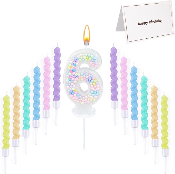 Number Birthday Candle with 12PCS Spiral Candles and A Birthday Card - Perfect for Celebrating Birthdays (Macaron Glitter, Number 6)