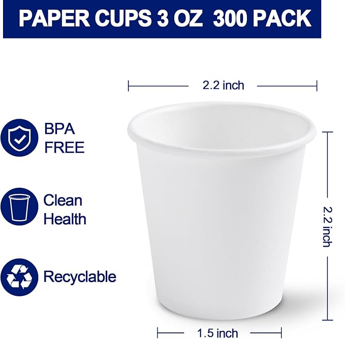 300 Count 3 oz Bathroom Cups, Disposable Mouthwash Cup, Small White Paper Cups, 3 Ounce Mini Espresso Cups, Ideal for Bathroom, Travel, Picnic