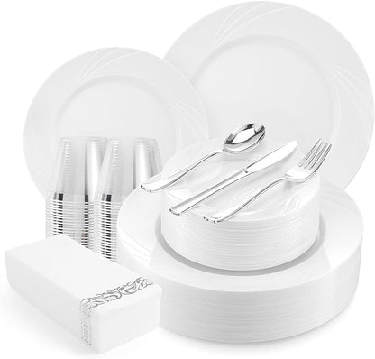 350-Piece White Swirls Plastic Dinnerware Set for 50 Guests, Elegant Disposable Dinnerware for Party, Wedding. Includes 10.25" Dinner Plates, 6.5" Dessert Plates, Silverware, Napkins, Cups