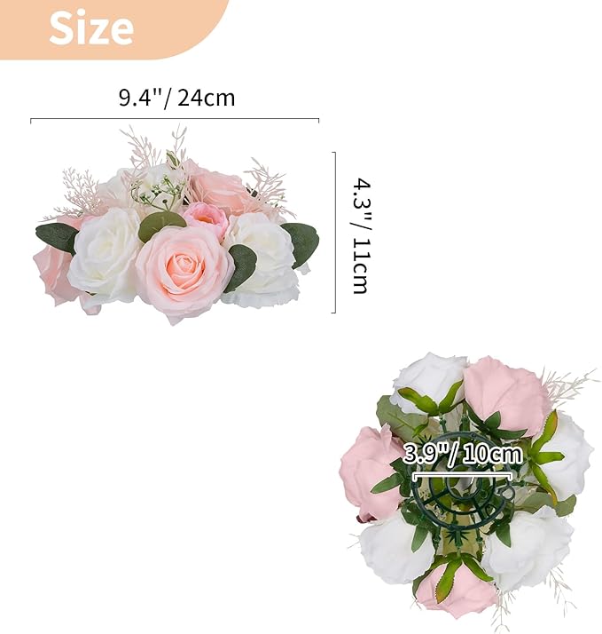 NUPTIO Flower Centerpieces for Tables Decorations: 10 Pcs Pink & White Artificial Rose Floral Arrangement for Wedding Party Centerpiece Decor 9.4 Inch Diameter
