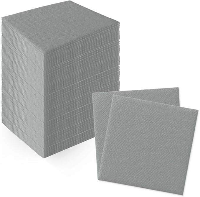 PAW - 100-Pack Disposable Linen-Feel Cocktail Napkins 4" x 4", Gray Premium Paper Napkins for Parties, Elegant Cloth-Like Beverage Napkins For Bars, Restaurants, Made in Europe