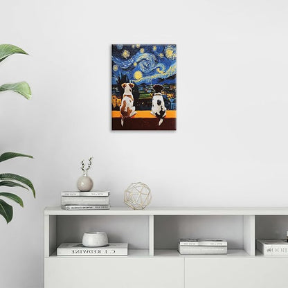 Dog Wall Art, Starry Night Dogs Pictures Wall Decor, Animal Canvas Prints Painting, Framed Artwork for Bathroom Living Room Bedroom Office Dining Room 24"X16"