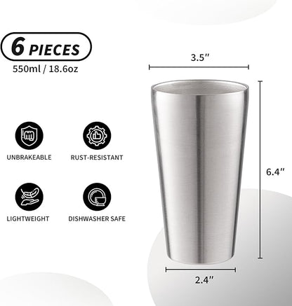 6 Pack 18.6 oz Stainless Steel Insulated Cup, Double Wall Vacuum Metal Cup, Reusable Camping Cups Unbreakable Indoor Outdoor for Party, Home, Office, BBQ, Silver