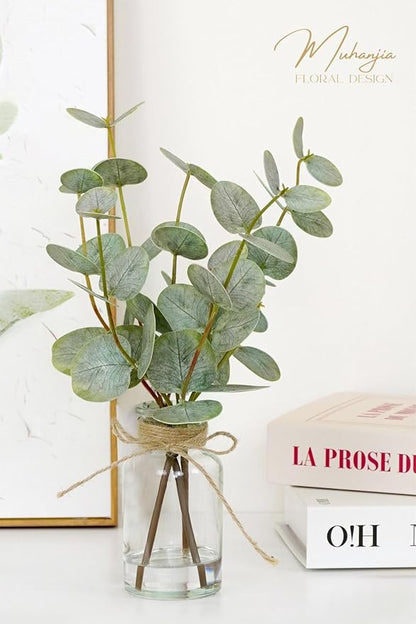 Artificial Eucalyptus Stems in Glass Vase with Faux Water,3Pcs Fake Plant with Double-Sided Green Leaves for Centerpiece(Double-Sided Green Eucalyptus)