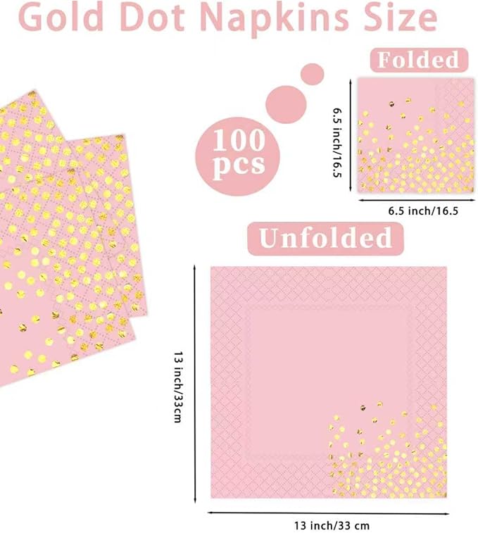 100 Pack 13x13 Inch Disposable Pink and Gold Paper Napkins for Wedding,Birthday,Party
