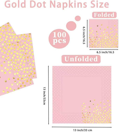 100 Pack 13x13 Inch Disposable Pink and Gold Paper Napkins for Wedding,Birthday,Party