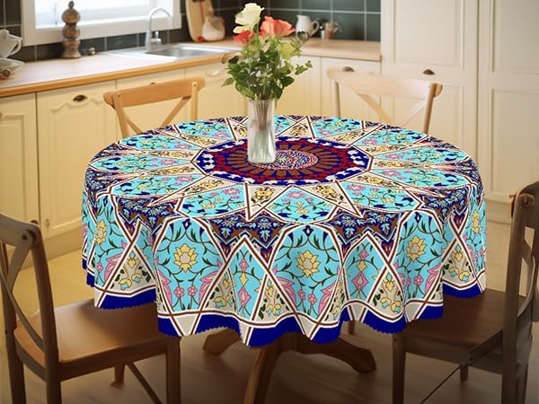 Eikione Boho Round Tablecloth 60inch, Tablecloth Waterproof and Wrinkle-Free, Boho Table Covers, Summer Decorations for Home