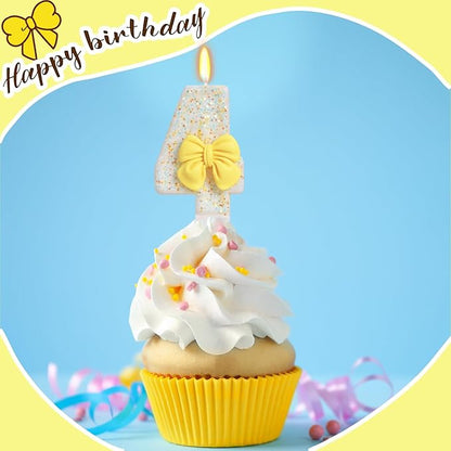 Birthday Candle for Cake, Yellow Bow Cake Candles, Cake Topper Decoration for Birthday Party (Number 4)