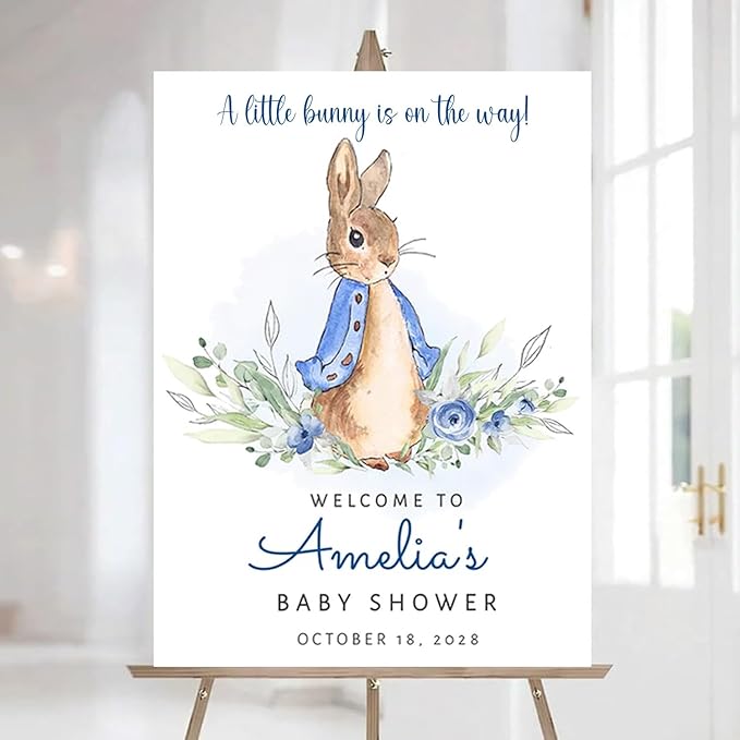 Personalized Bunny Rabbit Baby Shower Welcome Sign for Girl, Pink Peter Rabbit Theme, Greenery Bunny baby shower sign, Gift for Boys & Girls, Gender Reveal Decor, Birthday Party Favors (Style 21)