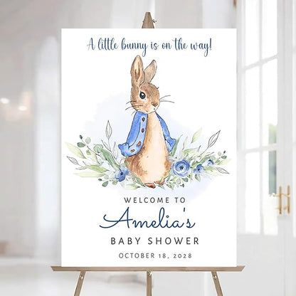 Personalized Bunny Rabbit Baby Shower Welcome Sign for Girl, Pink Peter Rabbit Theme, Greenery Bunny baby shower sign, Gift for Boys & Girls, Gender Reveal Decor, Birthday Party Favors (Style 21)