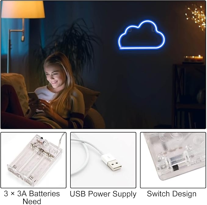 4 Pcs LED Decorative Neon Night Signs, Hanging Lighted Up Neon Sign for Bedroom Room Decor Neon Lights Led Cloud Signs Light Sign for Home Decor Pink/Blue Planet