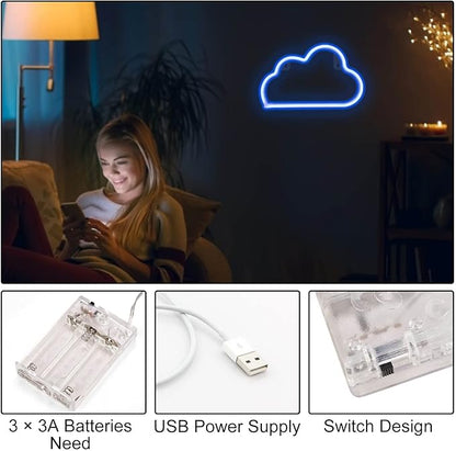 4 Pcs LED Decorative Neon Night Signs, Hanging Lighted Up Neon Sign for Bedroom Room Decor Neon Lights Led Cloud Signs Light Sign for Home Decor Pink/Blue Planet