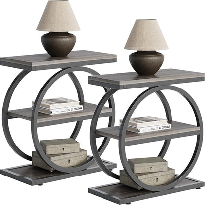 LITTLE TREE End Table Set 2, Side Table with 3 Tiers Shelves, Slim Sofa Side Table for Living Room, Tall Bedside Table Nightstand for Bedroom, Grey and Black