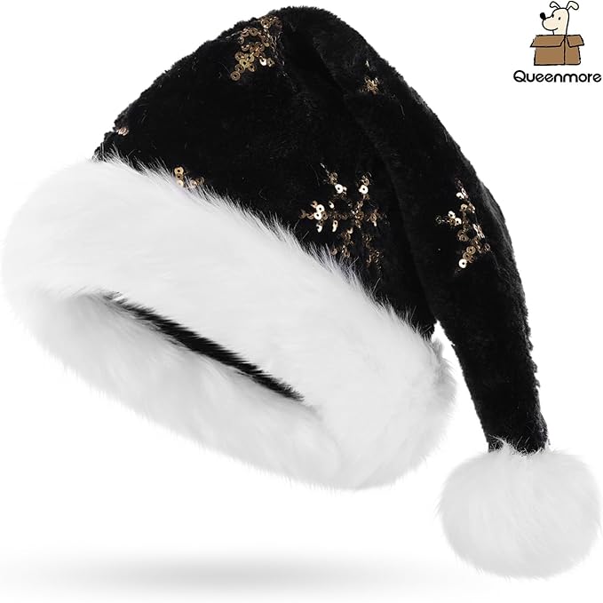 Queenmore Adult's Christmas Santa Claus Hat, Plush Santa Cap, Velvet Headwear, Lined and Fabric-Shedding Resistant