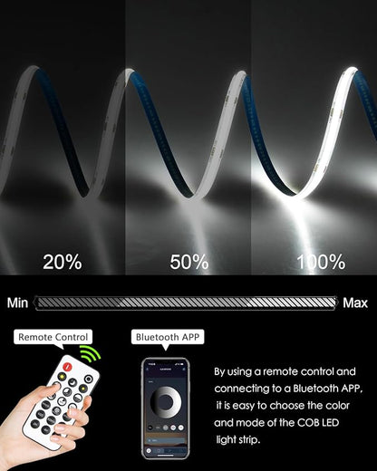 Dimmable COB Led Strip Lights for Bedroom 24V 6500K 100FT 480LED/M Hight Density Bright White Bluetooth Flexible COB LED Tape Lights with Remote Cold White CRI90+ for Cabinet Home Lighting 30M/2roll