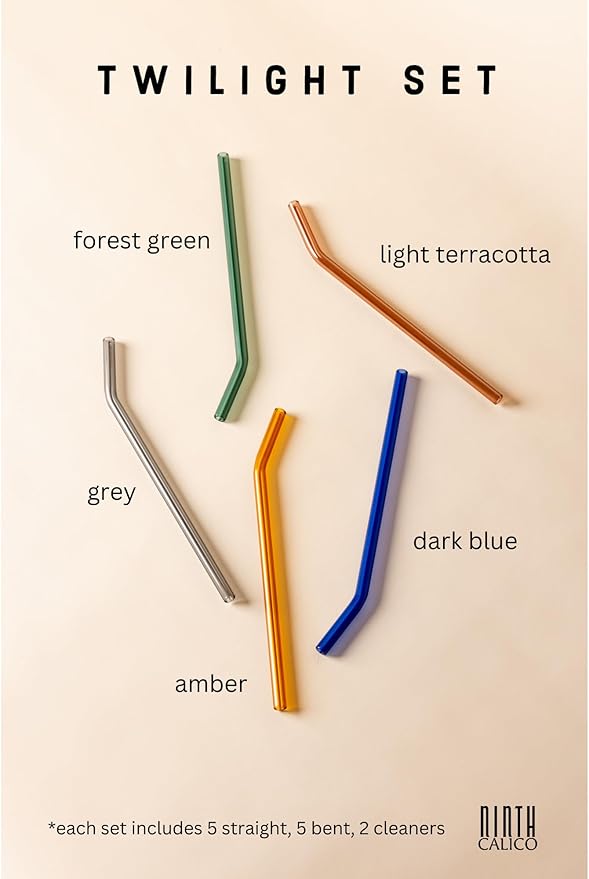 10 Pcs Reusable Glass Drinking Straws, Colorful and Durable Glass Straws for Beverages, Smoothies, Iced Coffee, Matcha, Juice, Set of 10-5 Straight, 5 Bent, 2 Cleaning Brushes - (Twilight Set)