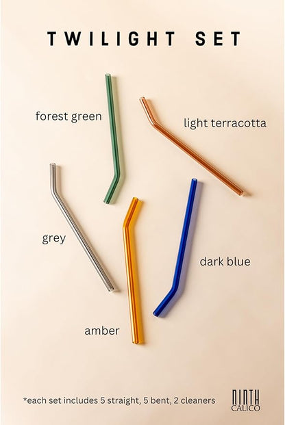 10 Pcs Reusable Glass Drinking Straws, Colorful and Durable Glass Straws for Beverages, Smoothies, Iced Coffee, Matcha, Juice, Set of 10-5 Straight, 5 Bent, 2 Cleaning Brushes - (Twilight Set)