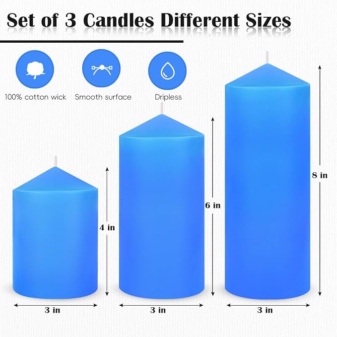 3 Packs Unscented Different Size Light Blue Pillar Candles, Dripless 3x4 3x6 3x8 Inch Assorted Height Colored Cylinder Column Wax Candles for Home Table Decor Power Outage Emergency