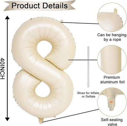 40 Inch Balloon Number 8 Beige, Large Foil Cream Number 8 Balloons Set 0-9 for Men Women, Self Inflating Digital 8 Helium Balloons for Boys Girls Birthday Anniversary Baby Shower Party Decorations