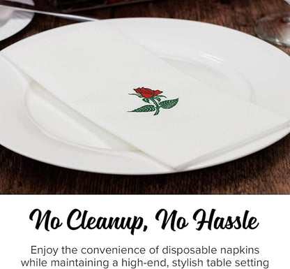 SimuLinen Single Rose Dinner Napkins - Cloth-Like Linen Feel Disposable, Folded Single-use Paper Napkins for Christmas - 19"x17" - Box of 300