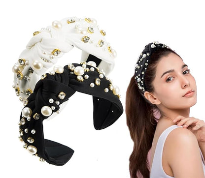 JILIYUPA Carnival Headband Rhinestone Cross Knotted Turban Hair Hoop Carnival Crystal Twist Velvet Wide Hairband Party Hair Accessory (Black, White)
