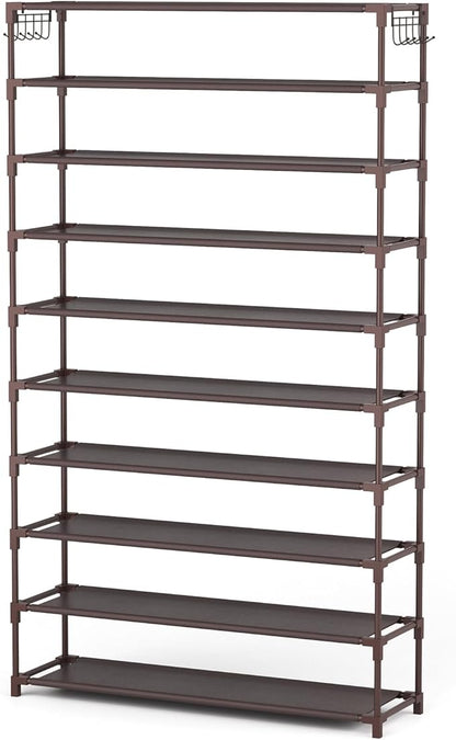 LANTEFUL 10 Tiers Shoe Rack 50 Pairs Large Capacity Tall Shoe Organizer Sturdy Shoe Storage with Two Hooks Space Saving Metal Wide Shoe Rack for Closet, Entryway, Bedroom, Brown