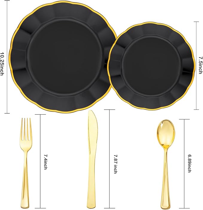EI 150pcs Black Plastic Plates,Black and Gold Fancy Plate,Gold Plastic Silverware,Black and Gold Dinnerware Set,Premiun Heavy Duty Taleware,Perfect for Party,Wedding,Christmas,New Year