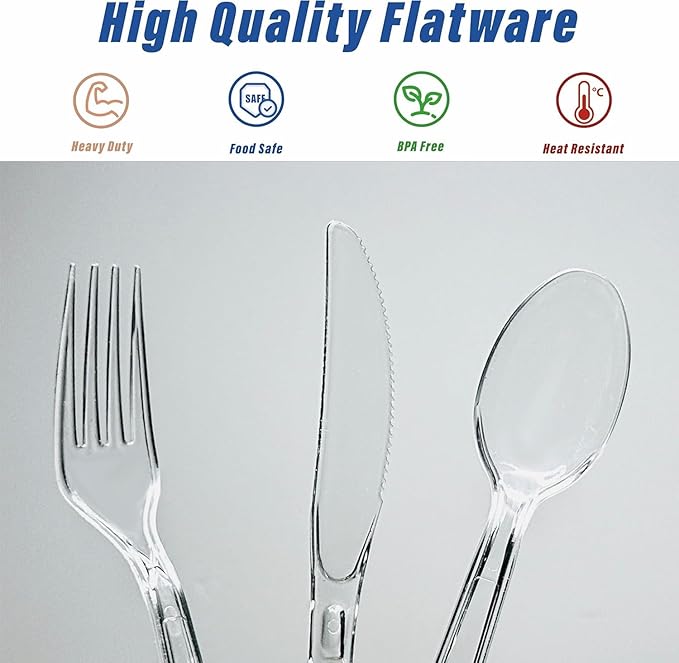 120 Count Heavy Duty Plastic Silverware, Disposable Clear Plastic Utensils Set, 50 Forks, 50 Spoons, 20 Knives, BPA-Free, Heat Resistant; Cutlery Set for Party